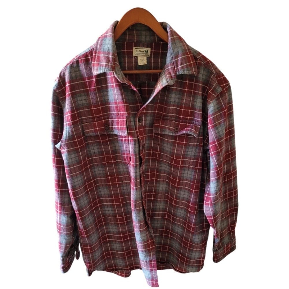 L.L. Bean Red and Gray Plaid Button Down Flannel Shirt Size Large